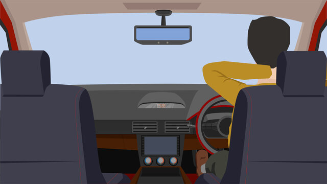 Driving man sat in the car, put his arms around his neck in a comfortable mood. Interior view of the passenger car with the entire console.  Take a break or wait during traffic jams.