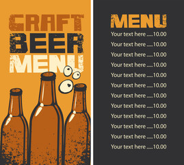 Vector menu for craft beer with price list. Decorative illustration in a grunge style with inscriptions and three beer bottles