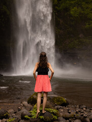 Traveler woman enjoying waterfall landscape. Caucasian woman wearing pink dress. Nature and environment concept. Travel lifestyle. View from back. Copy space. Nung Nung waterfall in Bali