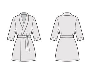 Bathrobe Dressing gown technical fashion illustration with wrap opening, mini length, oversized, tie, elbow sleeves. Flat apparel garment front back, grey color style. Women, men unisex CAD mockup