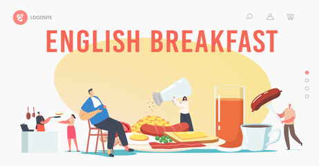 English Full Fry Up Breakfast Landing Page Template. Tiny Characters at Huge Plate Having Meal Bacon, Sausages with Eggs
