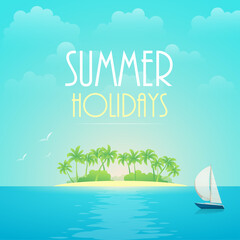 Summer holidays. beach sea, sky, ship in a beautiful background. Vector illustration.