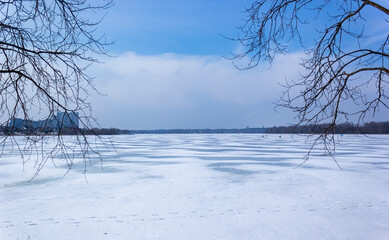 In early spring, a frozen lake in clear weather. Europe
