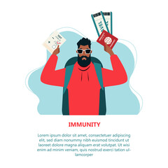 Male tourist ready to travel. Covid-19 test result, health passport, covid-19 immunity certificate, safe traveling, test negative. Concept of traveling during pandemic.  Web banner flat vector illustr