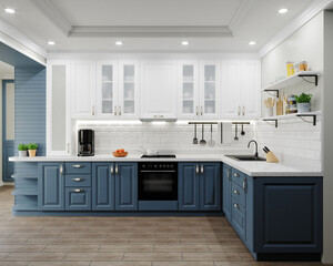 Kitchen Design. White-blue kitchen. Modern kitchen furniture.