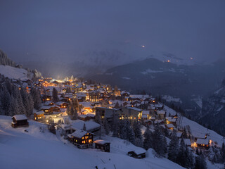 The mountain village of Murren in the swiss alps. Winter night.