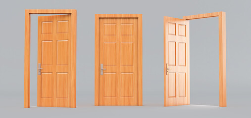 Set of different wooden door isolated on gray background, 3D render
