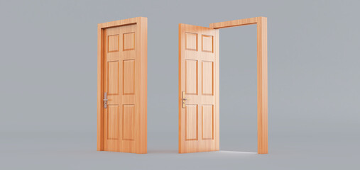 Set of different wooden door isolated on gray background, 3D render