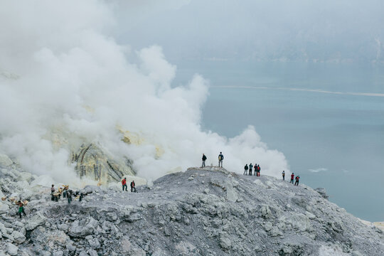 Volcano Lake Sulfur Java Steam Travel Asia Valley People Working