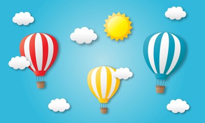 paper art travel with balloon flying background. vector illustration.