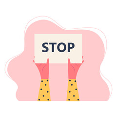 Vector cartoon illustration of stop sign hold in hand. Object on white background.