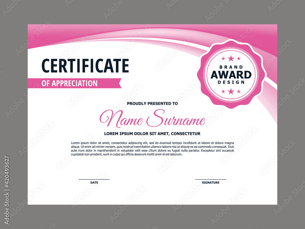 Poster abstract smooth certificate with pink curve element design, professional, modern, elegant certificat