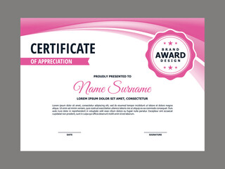 Abstract Smooth Certificate with Pink Curve Element Design, Professional, Modern, Elegant Certificate with Mesh Gradient Background Template Vector
