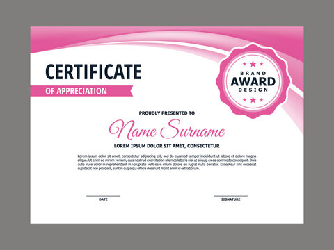 Abstract Smooth Certificate with Pink Curve Element Design, Professional, Modern, Elegant Certificate with Mesh Gradient Background Template Vector
