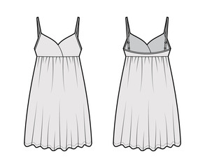 Babydoll dress Sleepwear Pajama technical fashion illustration with mini length, oversized, adjustable shoulder straps, trapeze silhouette. Flat front back, grey color style. Women unisex CAD mockup