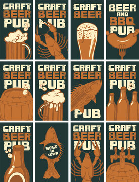 Set of business cards for the beer pub. Advertising banners on the theme of craft beer and snacks from seafood with inscriptions in grunge style. Flat vector illustrations