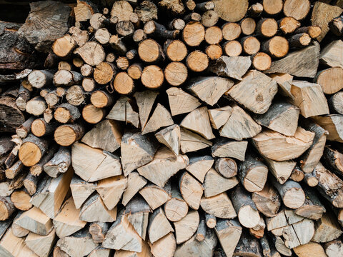 The texture of chopped firewood lie against the wall