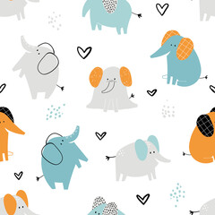 Vector hand-drawn colored childish seamless repeating simple flat pattern with cute elephants and in Scandinavian style on a white background. Cute baby animals. Pattern for kids.