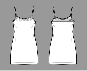 Chemise dress Sleepwear Pajama technical fashion illustration with mini length, lace, oversized, scoop neck cami, trapeze silhouette. Flat front back, white color style. Women, men unisex CAD mockup