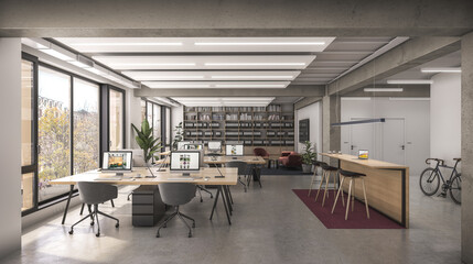 Modern office interior. Open space small office interior rendering. Hi-resolution interior visualization.