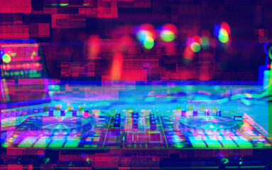 Dj mixer on stage edited in glitch style.Professional disc jockey sound mixing device with turntables on table in music hall.Play and remix musical tracks with midi turn table