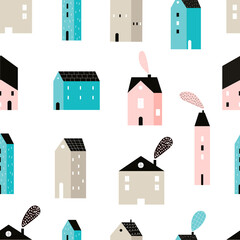 Vector hand-drawn colored seamless repeating childish simple pattern with cute houses in Scandinavian style on a white background. Childish seamless pattern with houses. City. Houses. Architecture.