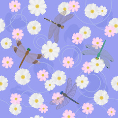 Fototapeta na wymiar Seamless pattern with dragonflies and beautiful pink and white flowers. Vector