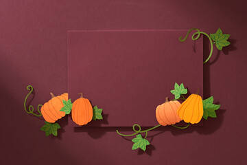 Many colorful pumpkins frame isolated on color background, autumn harvest, Halloween or Thanksgiving concept
