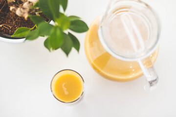 Orangensaft in klarem Glass mit Deko-Baum