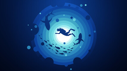 Silhouette of scuba diver and coral reef with fish in blue round vector illustration.