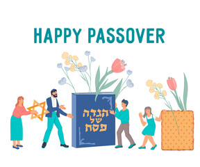 Happy Passover Jewish holiday banner or greeting card backdrop. Jewish family with children celebrating Passover. Text on Hebrew on book means Pesach tale, flat vector illustration on white background