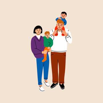 Happy Family portrait. Mother and Father are standing and holding their two little Kids siblings. Hand drawn colored Vector illustration. Children with Parents. Togetherness, parenting concept