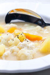 cauliflower soup with carrot, potato and egg