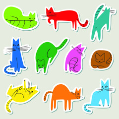 Stickers set with doodle cats. Collection with domestic pets in incomlete cute funny childrens style. Vector illustration for design elements