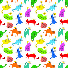 Seamless pattern with funny cats playing with butterflies. Background with domestic pets in incomlete cute childrens style. Vector illustration for surface designs, wallpapers, textile and fabrics - 420497863