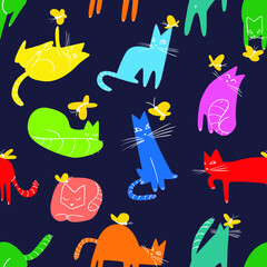 Seamless pattern with funny cats playing with butterflies. Background with domestic pets in incomlete cute childrens style. Vector illustration for surface designs, wallpapers, textile and fabrics
