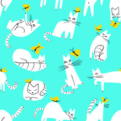 Seamless pattern with funny cats playing with butterflies. Background with domestic pets in incomlete cute childrens style. Vector illustration for surface designs, wallpapers, textile and fabrics