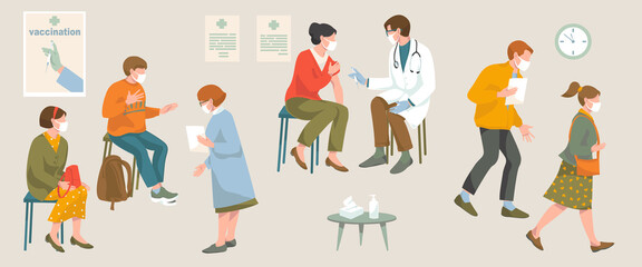 vaccination covid-19 coronavirus concept. Doctor in protective mask and gloves injecting of Flu Vaccine to woman. woman and man sits wait, nurse help them, peoples after vaccination 