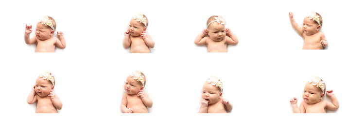 facial expressions and gestures of a newborn baby. A variety of emotions. Isolate Collage