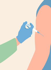 vaccination covid-19 coronavirus concept.Doctors hand with syringe injecting vaccine shot flat illustration