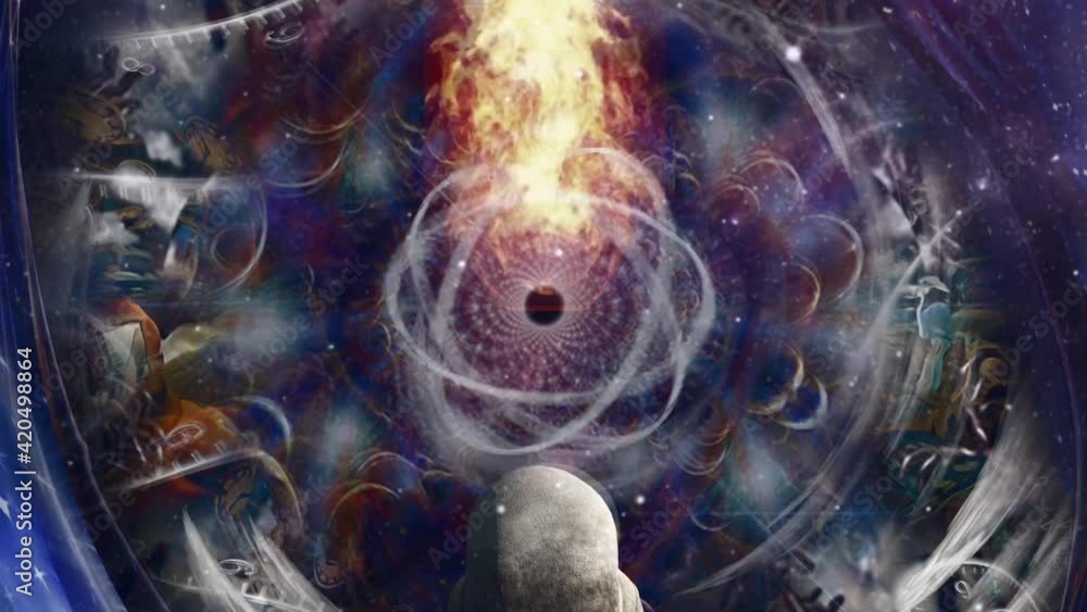 Poster surreal modern art. astronaut before atom and endless spaces