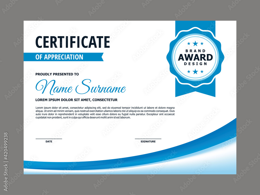 Poster abstract smooth certificate with blue curve element design, professional, modern, elegant certificat