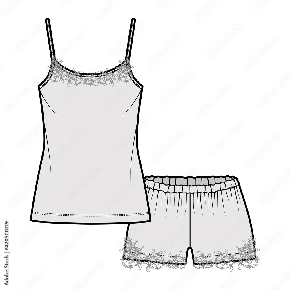 Wall mural camisole lace pajama short sleepwear technical fashion illustration with scoop neck cami, mini lengt