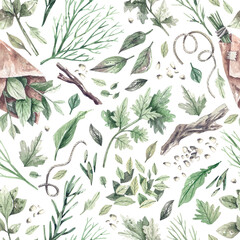 Watercolor seamless pattern with green garden herbs, roots and branches, dill, rosemary, mint, parsley, basil. Organic natural greens texture concept of health, natural cosmetics.