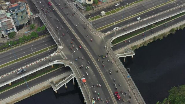 Aerial 4K footage of busy traffic on highway in Saigon, Vietnam