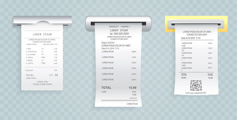 Payment check paper document poked out of the cash register. Buying financial invoice bill