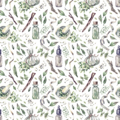 Natural oils and green herbs seamless pattern with hand-drawn illustrations. Delicate watercolor background. Nature illustration for wrapping paper, textile, decorations.