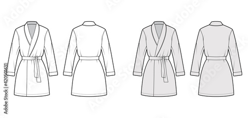 Download Bathrobe Dressing Gown Technical Fashion Illustration With Wrap Opening Mini Length Oversized Tie Long Sleeves Flat Garment Apparel Front Back White Grey Color Women Men Unisex Cad Mockup Wall Mural Kateryna