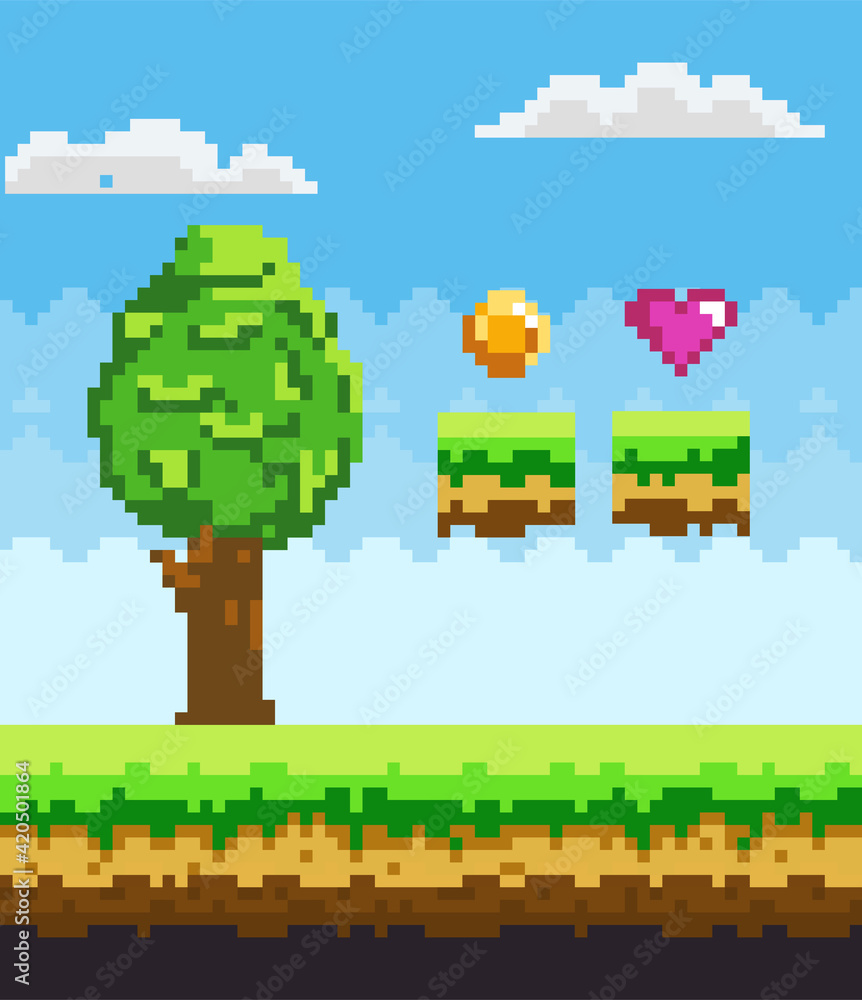 Poster pixel art game scene with green grass platform and tall tree against blue sky and pixelated awards