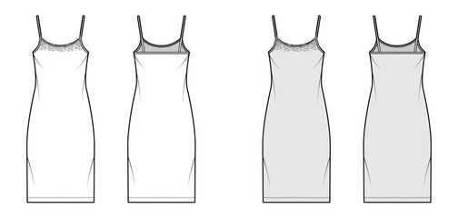 Chemise dress Sleepwear Pajama technical fashion illustration with knee length, lace, oversized, scoop neck cami, trapeze silhouette. Flat front back, white, grey color. Women, men unisex CAD mockup